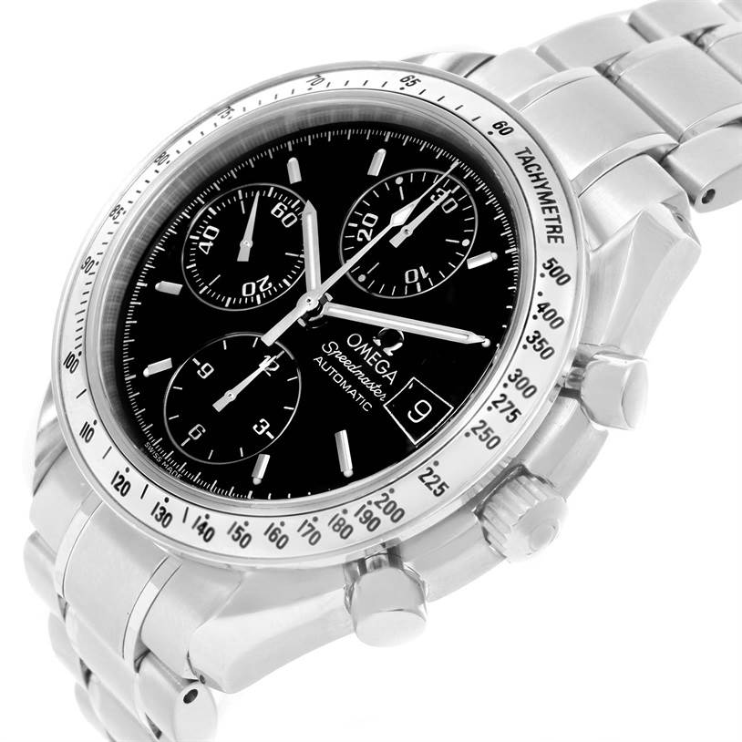The image shows a side and front angle of the Omega Speedmaster 3513.50.00 Men
s Stainless Steel Black Dial 3513.50.00 Men
s Stainless Steel Black Dial watch, highlighting the dial, sub-dials, and tachymeter.