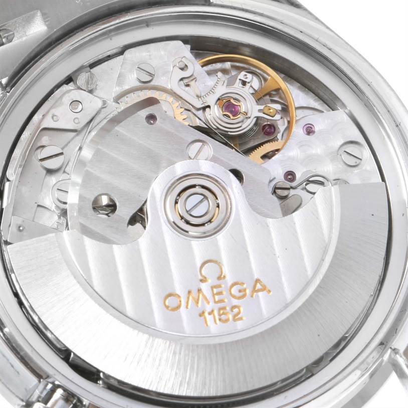 This image shows an angled view of the inner mechanical parts of an Omega Speedmaster 3513.50.00 Men
s Stainless Steel Black Dial 3513.50.00 Men
s Stainless Steel Black Dial watch, highlighting the movement and rotor.