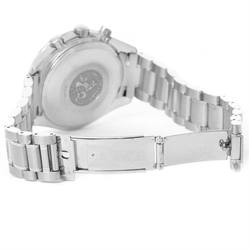 This image shows the Omega Speedmaster 3513.50.00 Men
s Stainless Steel Black Dial 3513.50.00 Men
s Stainless Steel Black Dial watch from a rear angle, highlighting the stainless steel bracelet and clasp.