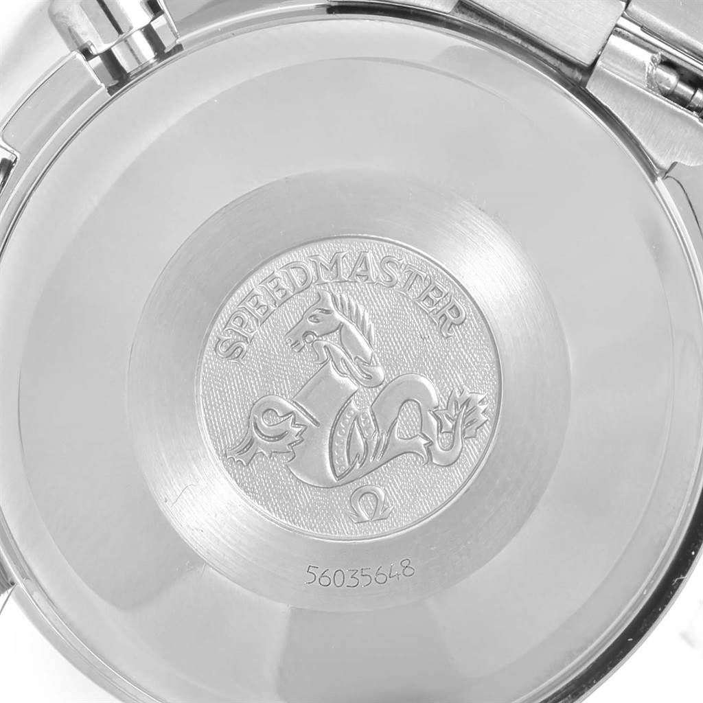 The image shows the back case of an Omega Speedmaster 3521.80.00 Men
s Stainless Steel Blue Dial 3521.80.00 Men
s Stainless Steel Blue Dial watch, displaying the engraved logo and model number.