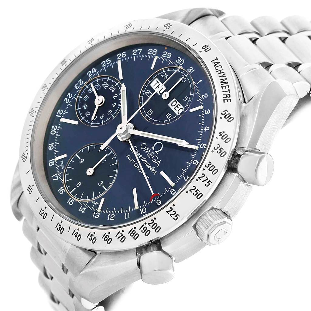 The image shows an angled view of an Omega Speedmaster 3521.80.00 Men
s Stainless Steel Blue Dial 3521.80.00 Men
s Stainless Steel Blue Dial watch, displaying its dial, three subdials, bezel, and bracelet.