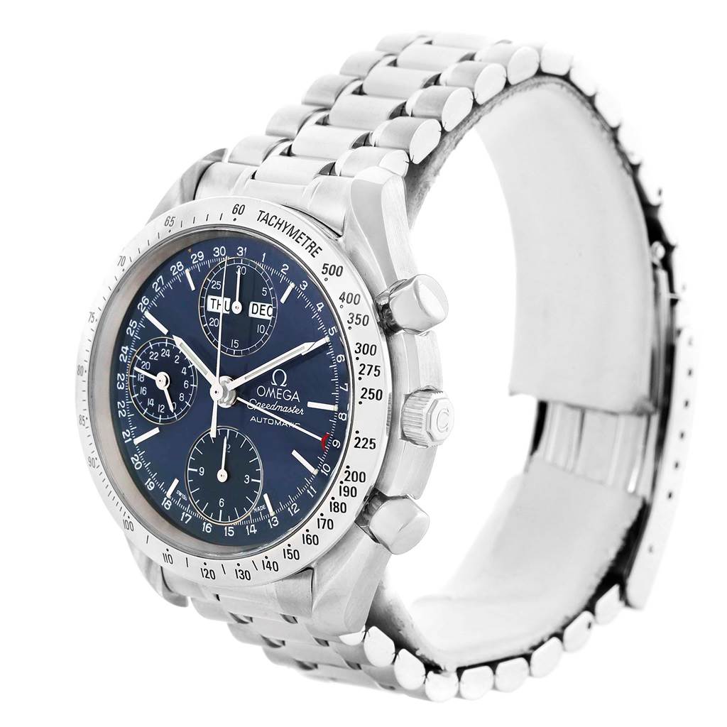 This image shows an Omega Speedmaster 3521.80.00 Men
s Stainless Steel Blue Dial 3521.80.00 Men
s Stainless Steel Blue Dial watch at an angled view, highlighting the case, dial, buttons, and a portion of the bracelet.