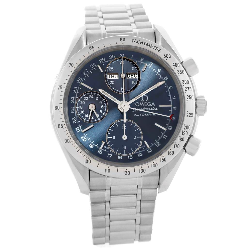 This Omega Speedmaster 3521.80.00 Men
s Stainless Steel Blue Dial 3521.80.00 Men
s Stainless Steel Blue Dial watch is shown from the front, displaying its face, dials, and metal bracelet.