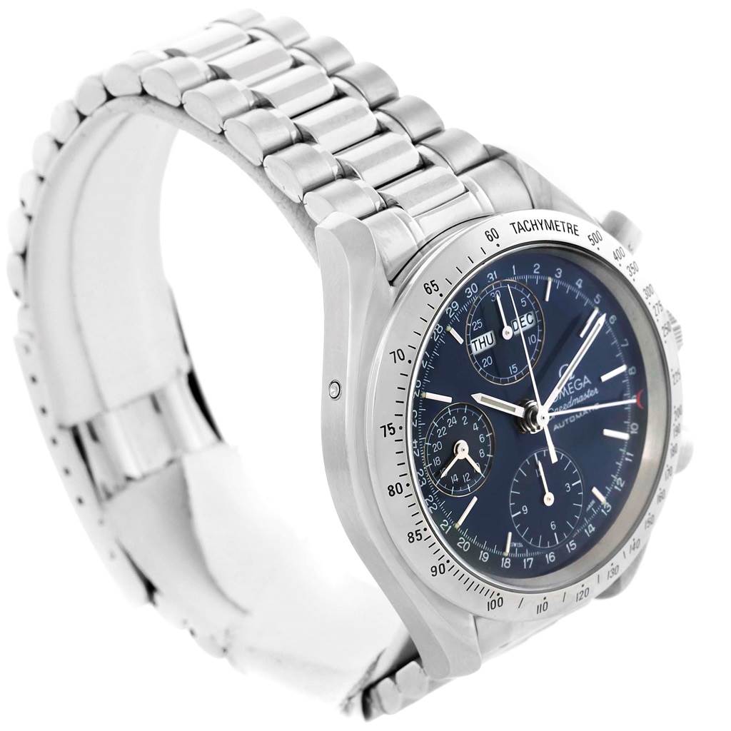 This image shows the Omega Speedmaster 3521.80.00 Men
s Stainless Steel Blue Dial 3521.80.00 Men
s Stainless Steel Blue Dial watch angled to display the face, tachymeter bezel, and a portion of the metal bracelet.