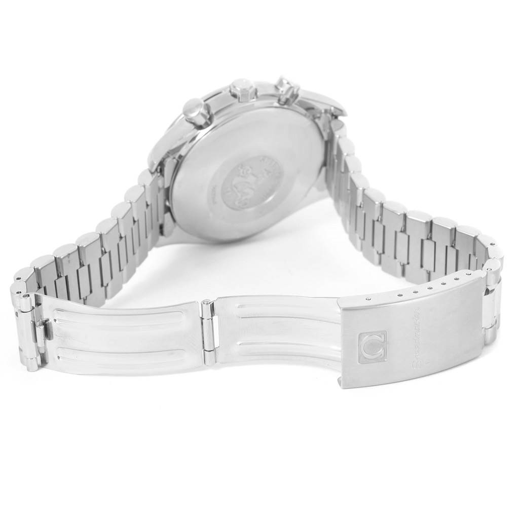 The image shows the case back, bracelet, and clasp of an Omega Speedmaster 3521.80.00 Men
s Stainless Steel Blue Dial 3521.80.00 Men
s Stainless Steel Blue Dial watch from a rear angle.