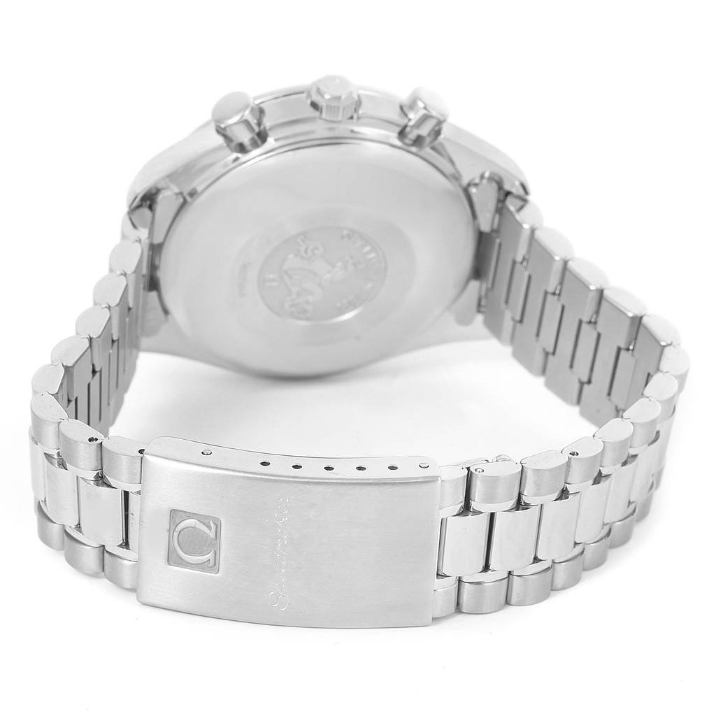 The image shows the back case and clasp of the Omega Speedmaster 3521.80.00 Men
s Stainless Steel Blue Dial 3521.80.00 Men
s Stainless Steel Blue Dial watch from a rear angle.