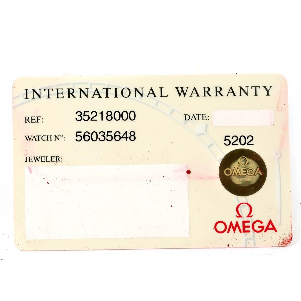 The image shows an international warranty card for an Omega Speedmaster 3521.80.00 Men
s Stainless Steel Blue Dial 3521.80.00 Men
s Stainless Steel Blue Dial watch, displaying reference and watch numbers.