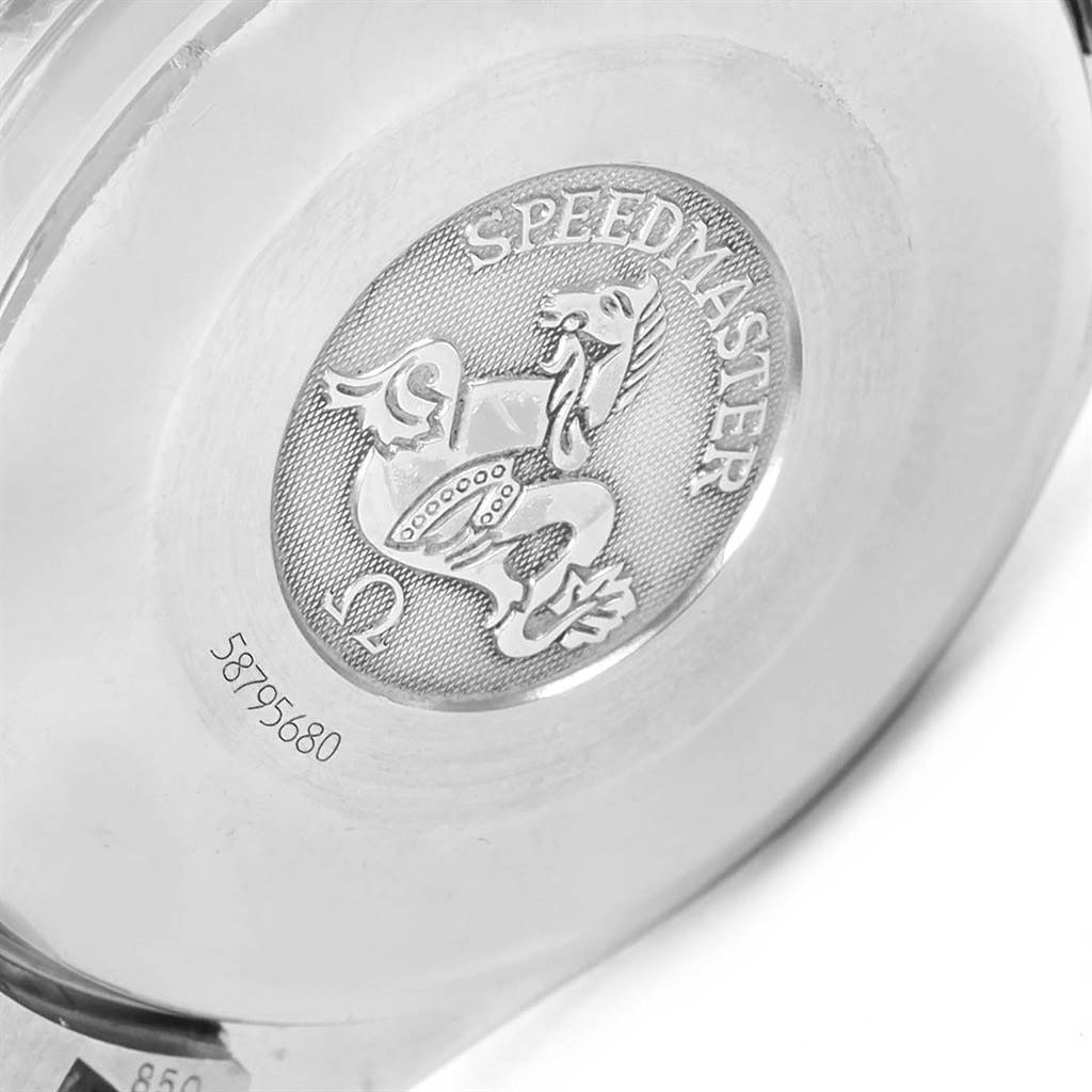 The image shows the engraved case back of an Omega Speedmaster 3513.50.00 Men's Stainless Steel Black Dial 3513.50.00 Men's Stainless Steel Black Dial watch at a slight angle.