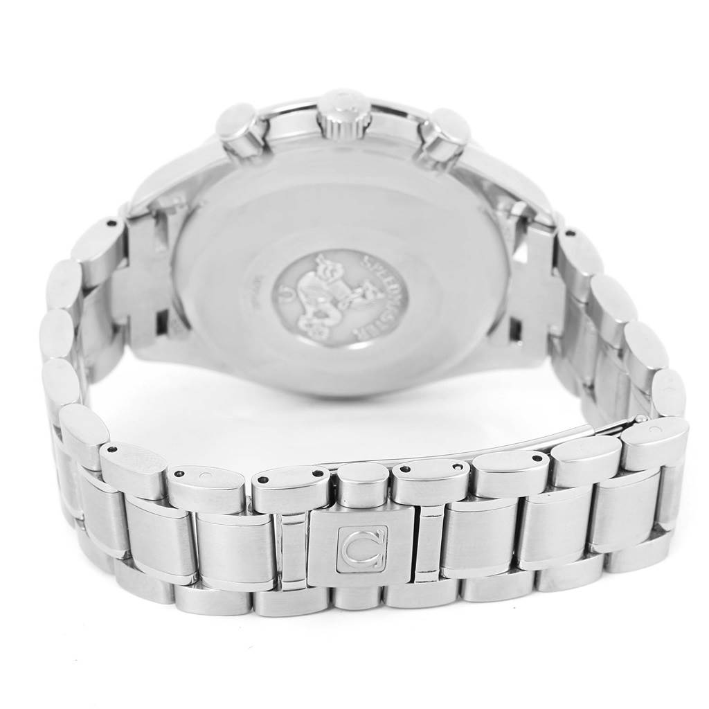 The image shows the back view of an Omega Speedmaster 3513.50.00 Men's Stainless Steel Black Dial 3513.50.00 Men's Stainless Steel Black Dial watch, highlighting its case back and stainless steel bracelet.