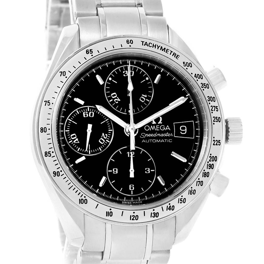 The Omega Speedmaster 3513.50.00 Men's Stainless Steel Black Dial 3513.50.00 Men's Stainless Steel Black Dial watch is shown from a front angle, displaying its black dial, chronograph subdials, date window, and tachymeter bezel.