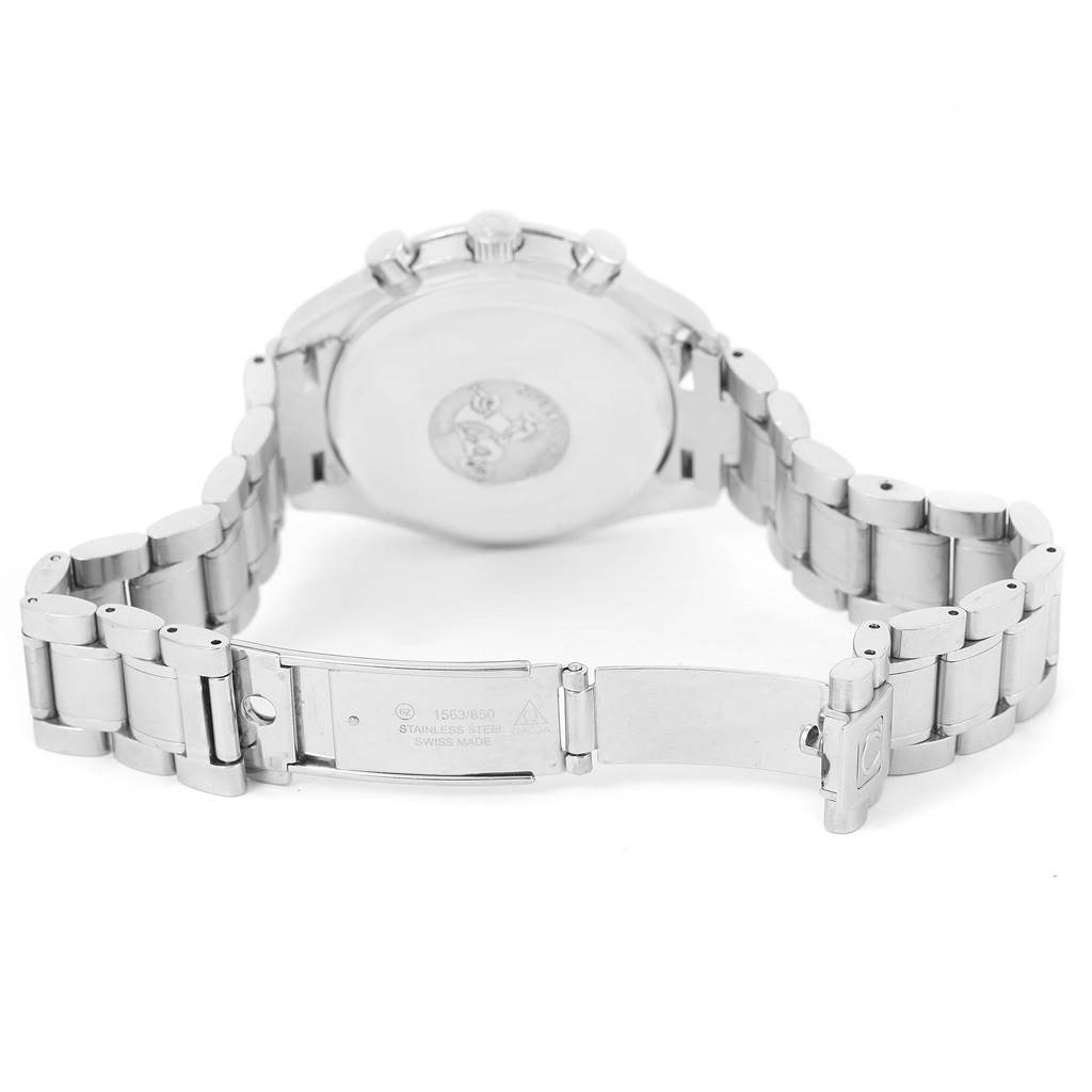 The image shows the back view of an Omega Speedmaster 3513.50.00 Men
s Stainless Steel Black Dial 3513.50.00 Men
s Stainless Steel Black Dial watch with its metal bracelet and open clasp.