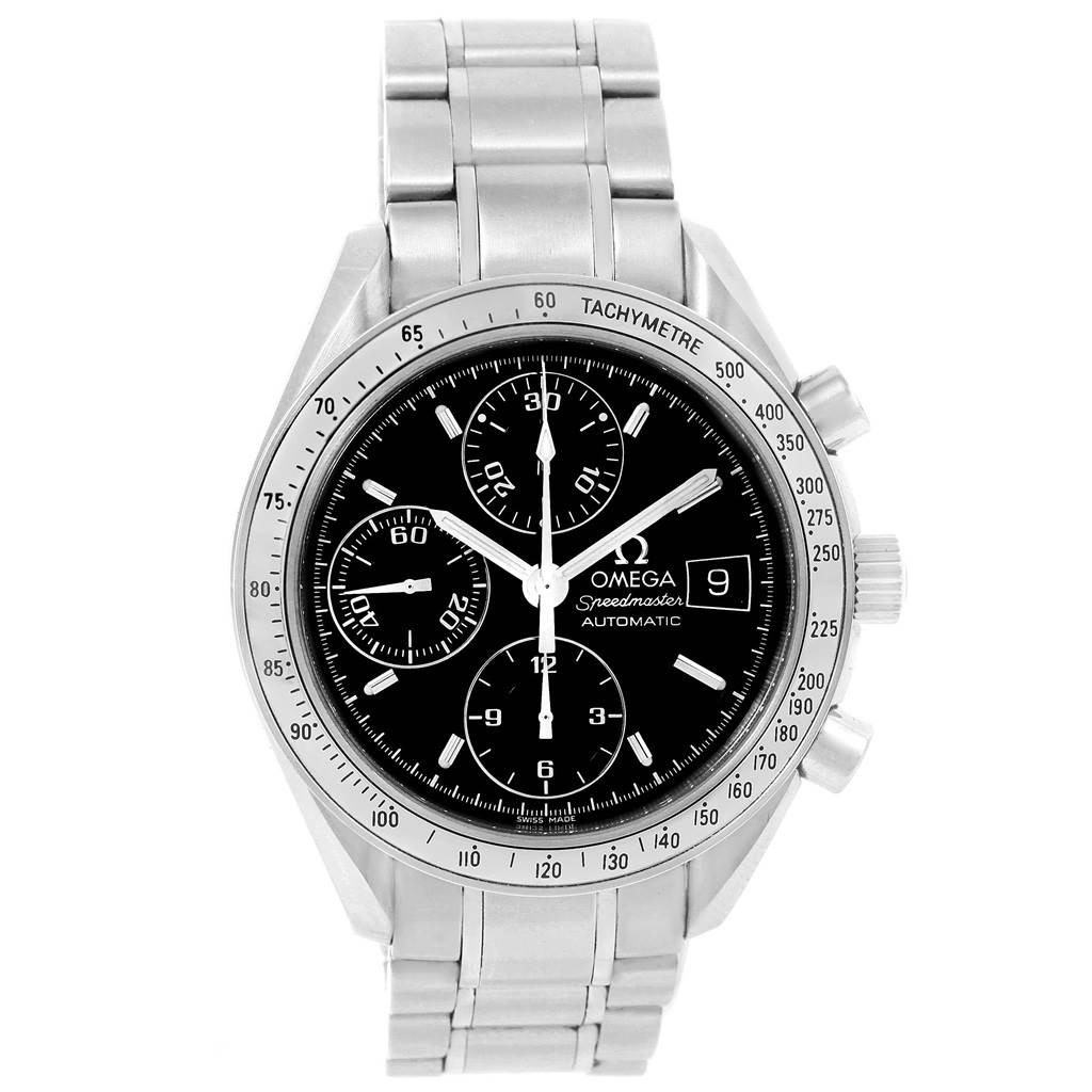 The image shows a front view of the Omega Speedmaster 3513.50.00 Men
s Stainless Steel Black Dial 3513.50.00 Men
s Stainless Steel Black Dial watch, displaying its dial, bezel, and stainless steel bracelet.