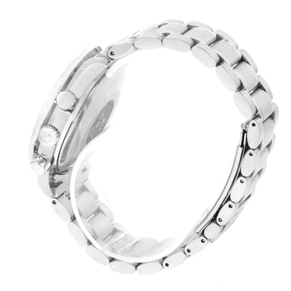 The Omega Speedmaster 3513.50.00 Men
s Stainless Steel Black Dial 3513.50.00 Men
s Stainless Steel Black Dial watch is shown from a side angle focusing on the bracelet, clasp, crown, and pushers.