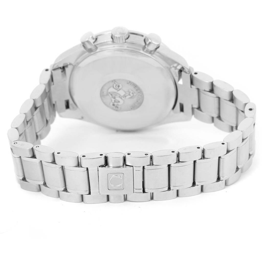 This image shows the back case and bracelet of the Omega Speedmaster 3513.50.00 Men
s Stainless Steel Black Dial 3513.50.00 Men
s Stainless Steel Black Dial watch angled from the rear.