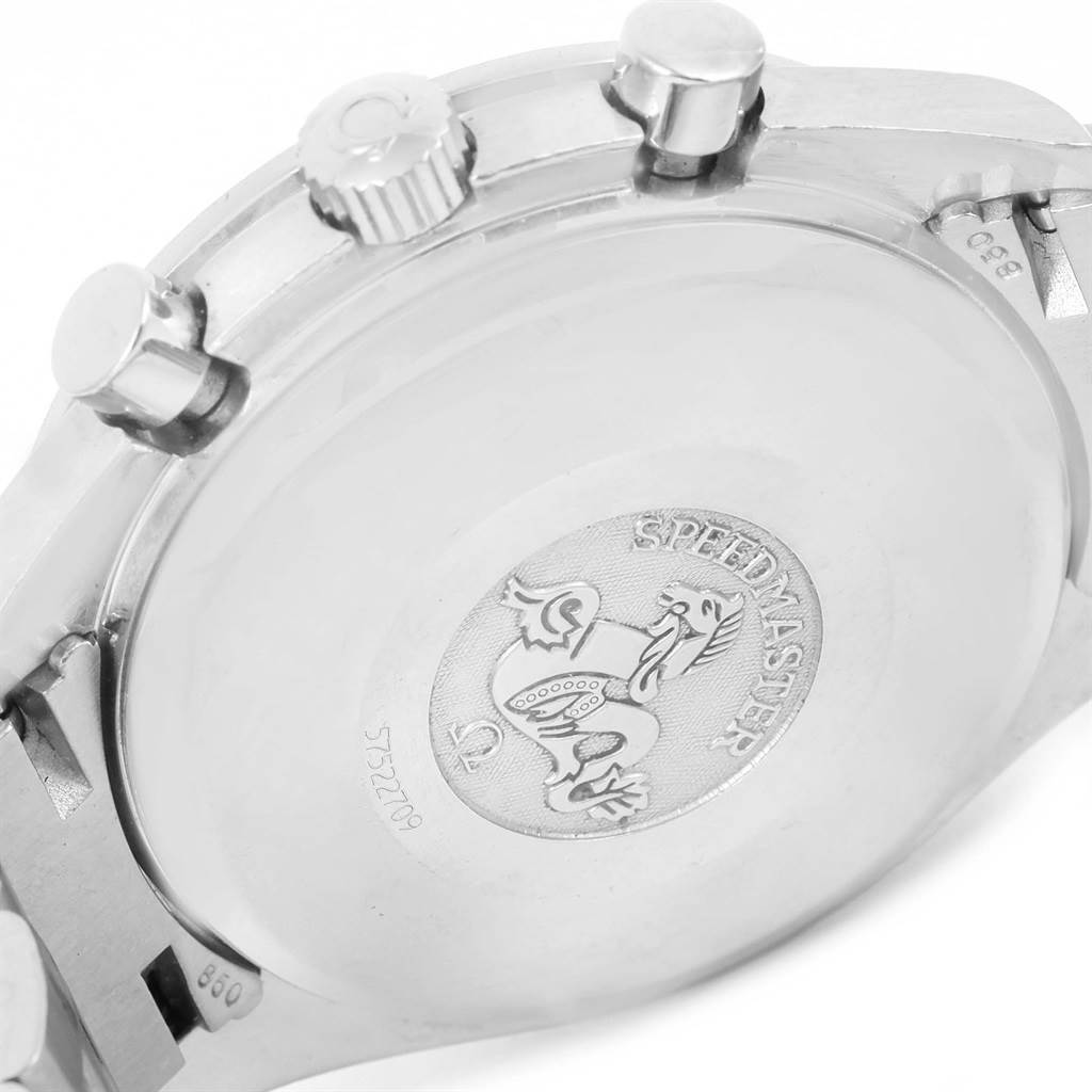 This image shows the case back and side buttons of an Omega Speedmaster 3513.50.00 Men
s Stainless Steel Black Dial 3513.50.00 Men
s Stainless Steel Black Dial watch, viewed at an angle.