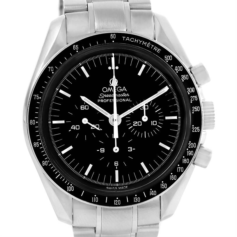 This image shows a front view of the Omega Speedmaster 3570.50.00 Men
s Stainless Steel Black Dial 3570.50.00 Men
s Stainless Steel Black Dial watch face, displaying its dial, hands, subdials, and tachymeter bezel.
