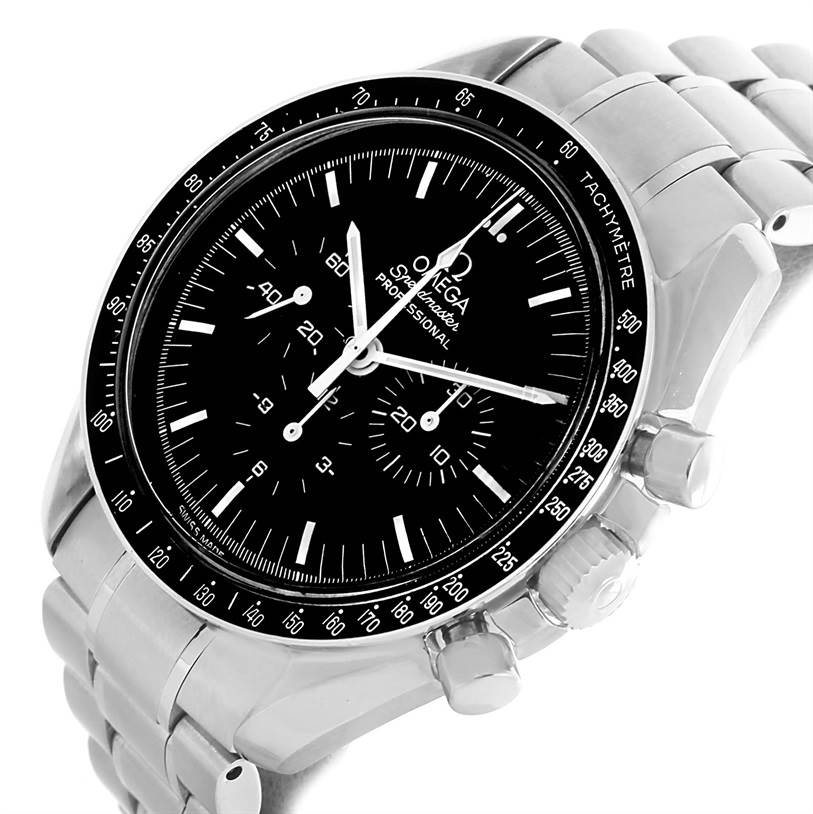 The image shows an Omega Speedmaster 3570.50.00 Men
s Stainless Steel Black Dial 3570.50.00 Men
s Stainless Steel Black Dial watch at a slight right-side angle, highlighting its face, tachymeter bezel, and metal bracelet.