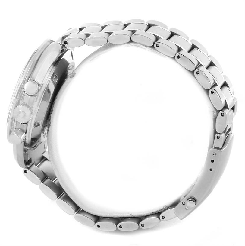 The Omega Speedmaster 3570.50.00 Men
s Stainless Steel Black Dial 3570.50.00 Men
s Stainless Steel Black Dial watch is shown from a side angle focusing on the bracelet, clasp, and side profile of the case.