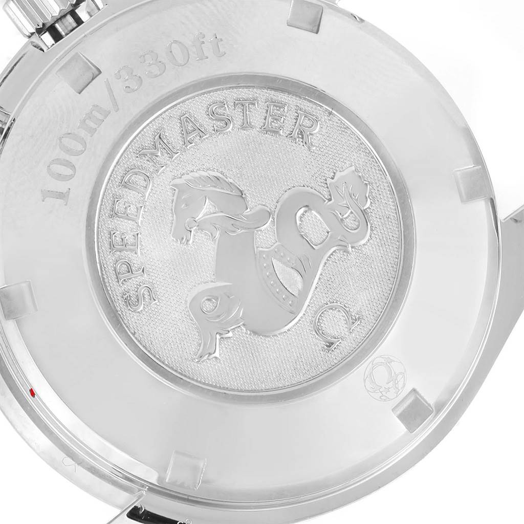 The image shows the back case of an Omega Speedmaster 3220.50.00 Men
s Stainless Steel Black Dial 3220.50.00 Men
s Stainless Steel Black Dial watch, highlighting the engraved emblem and water resistance rating.