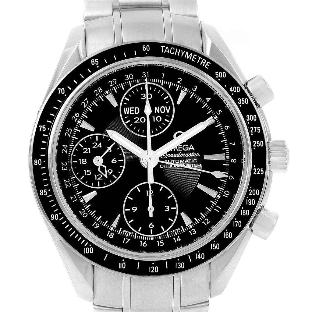 The image shows a front view of an Omega Speedmaster 3220.50.00 Men
s Stainless Steel Black Dial 3220.50.00 Men
s Stainless Steel Black Dial watch, highlighting its black dial, tachymetre bezel, and chronograph subdials.