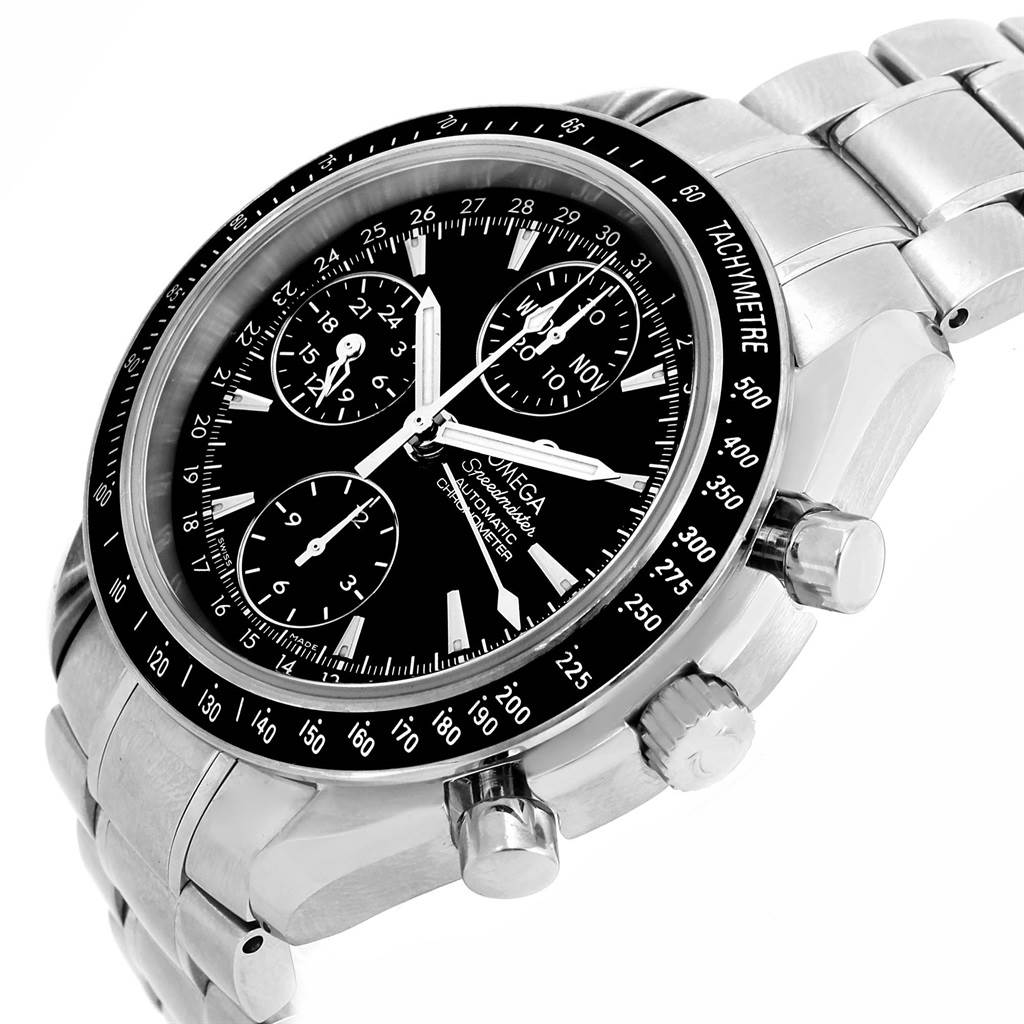The Omega Speedmaster 3220.50.00 Men
s Stainless Steel Black Dial 3220.50.00 Men
s Stainless Steel Black Dial watch is shown from an angle highlighting the face, bezel, chronograph dials, and stainless steel bracelet.