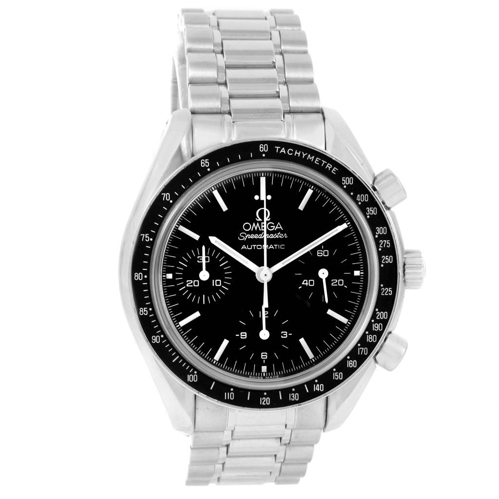 The image shows a frontal view of the Omega Speedmaster 3539.50.00 Men
s Stainless Steel Black Dial 3539.50.00 Men
s Stainless Steel Black Dial watch, displaying its black dial, tachymeter bezel, and stainless steel bracelet.
