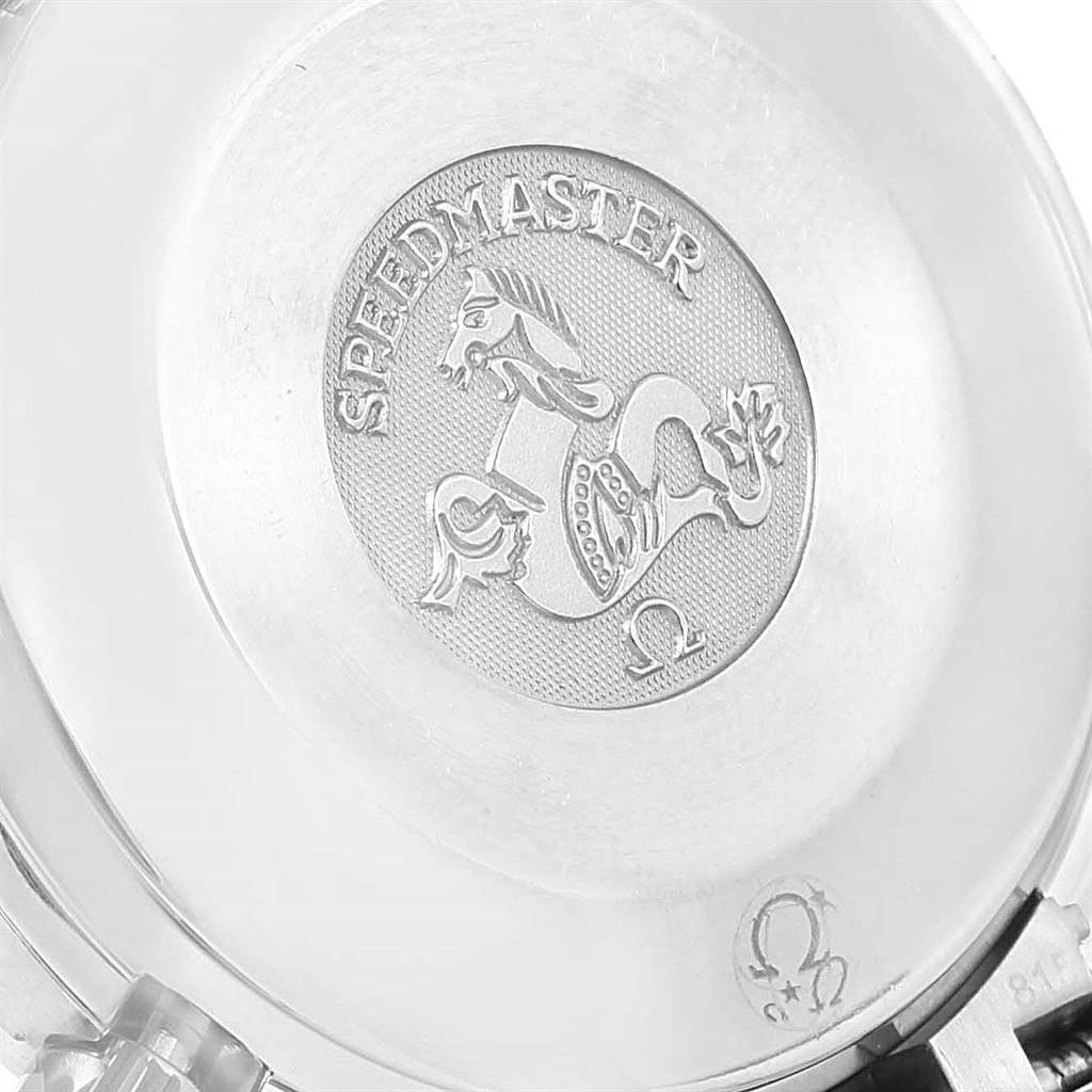 The image shows a close-up of the case back of an Omega Speedmaster 3539.50.00 Men
s Stainless Steel Black Dial 3539.50.00 Men
s Stainless Steel Black Dial watch, displaying the engraved logo and branding.