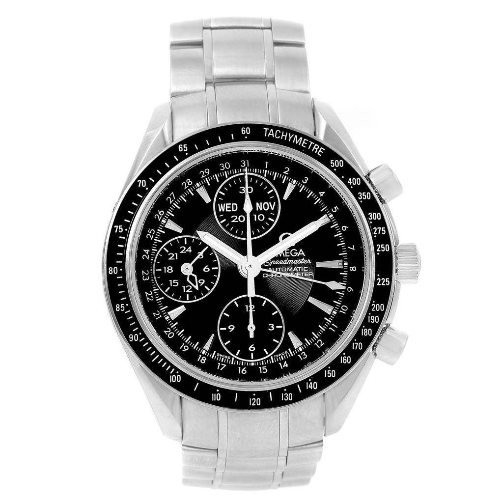 The Omega Speedmaster 3220.50.00 Men
s Stainless Steel Black Dial 3220.50.00 Men
s Stainless Steel Black Dial watch is shown from a top-down angle, displaying its face, bezel, and metal bracelet.