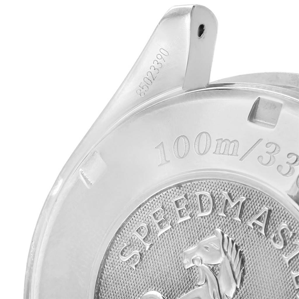 The image shows the back case of an Omega Speedmaster 3220.50.00 Men
s Stainless Steel Black Dial 3220.50.00 Men
s Stainless Steel Black Dial watch, highlighting water resistance and serial numbers.