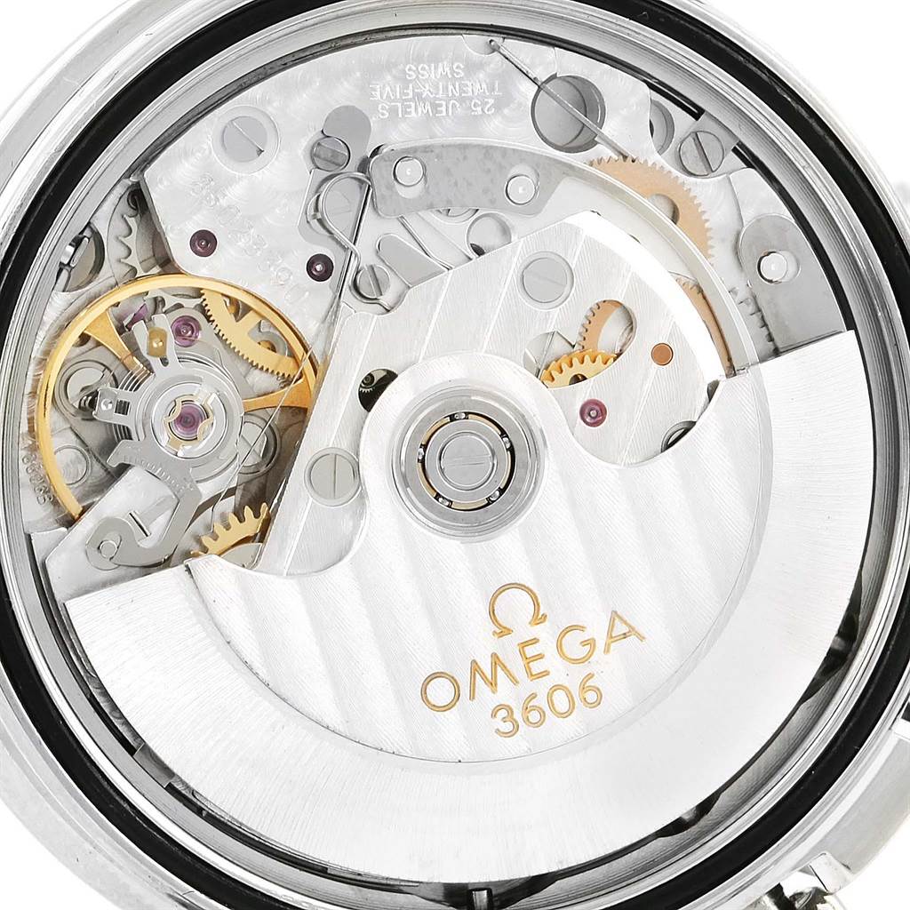 This image shows the intricate movement mechanism of an Omega Speedmaster 3220.50.00 Men
s Stainless Steel Black Dial 3220.50.00 Men
s Stainless Steel Black Dial watch from a rear angle.