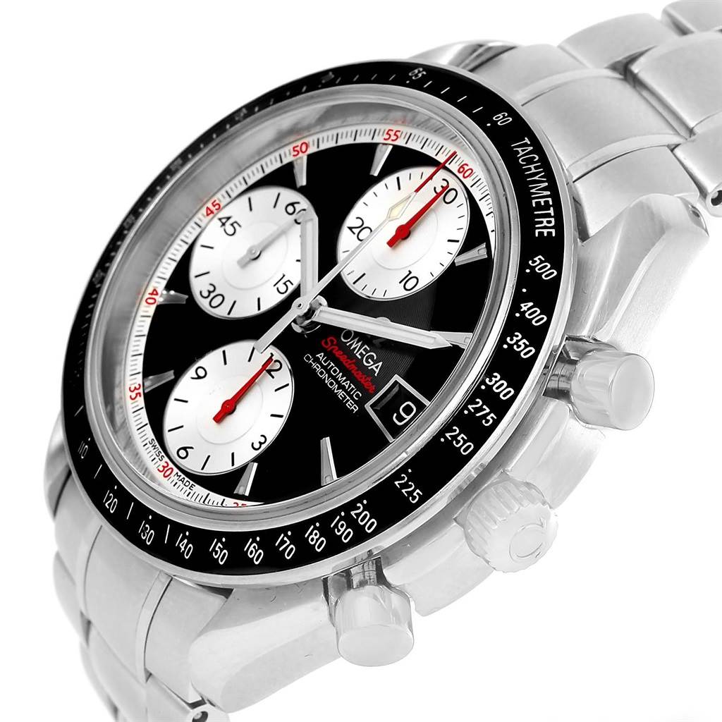 The image shows an angled close-up of an Omega Speedmaster 3210.51.00 Men
s Stainless Steel Black Dial 3210.51.00 Men
s Stainless Steel Black Dial watch, highlighting the face, bezel, and side pushers.