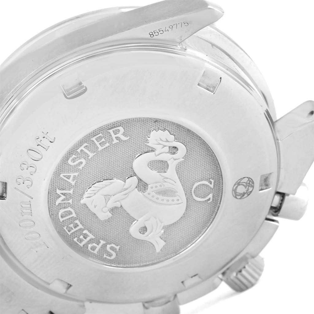 This image shows the back case of an Omega Speedmaster 3210.51.00 Men
s Stainless Steel Black Dial 3210.51.00 Men
s Stainless Steel Black Dial watch, focusing on its engravings and logo.