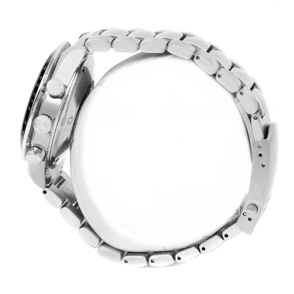 The image shows a side view of an Omega Speedmaster 3210.51.00 Men
s Stainless Steel Black Dial 3210.51.00 Men
s Stainless Steel Black Dial watch highlighting the crown, pushers, and bracelet.