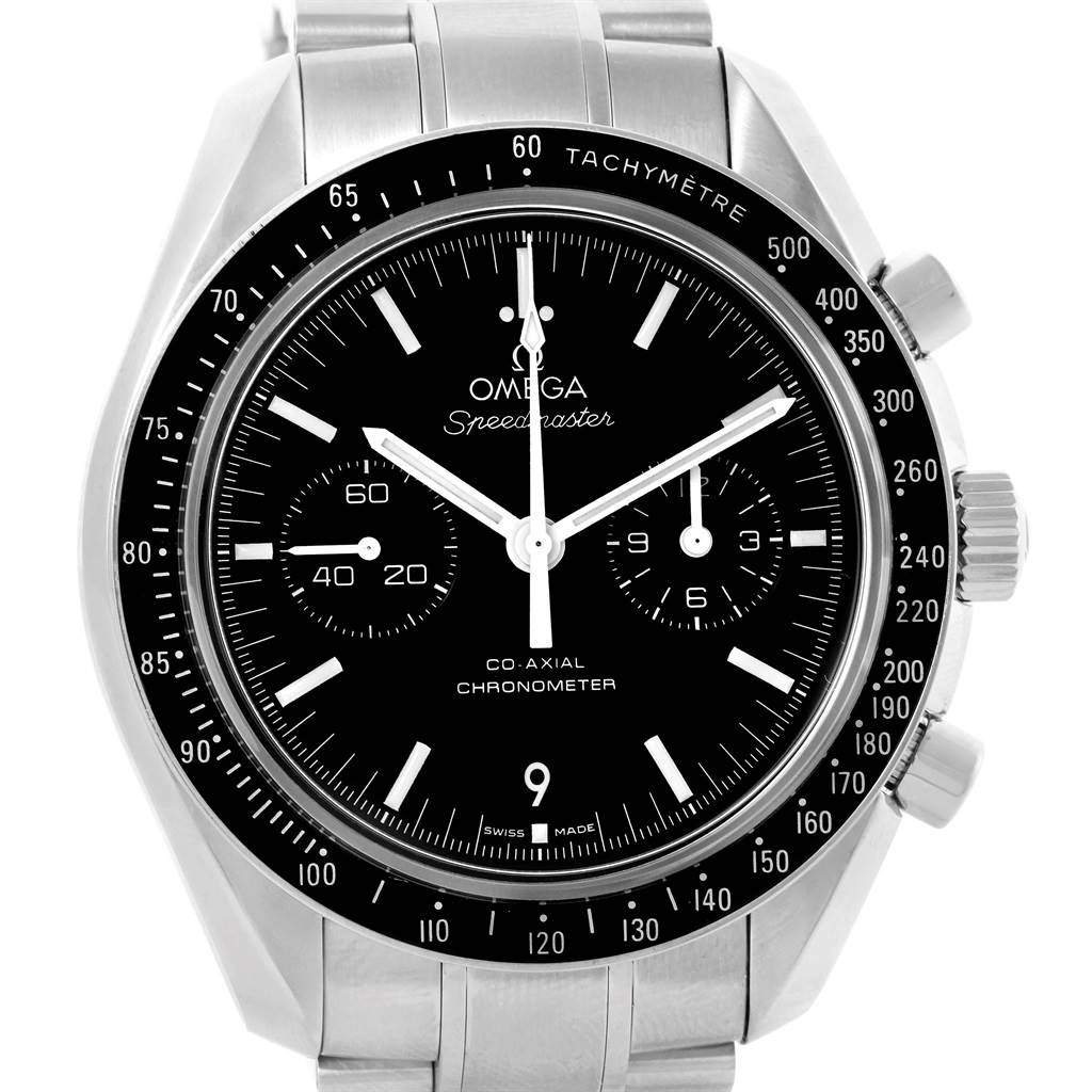 The image shows a front view of the Omega Speedmaster 311.30.44.51.01.002 Men
s Stainless Steel Black Dial 311.30.44.51.01.002 Men
s Stainless Steel Black Dial watch, highlighting the dial, bezel, and part of the bracelet.