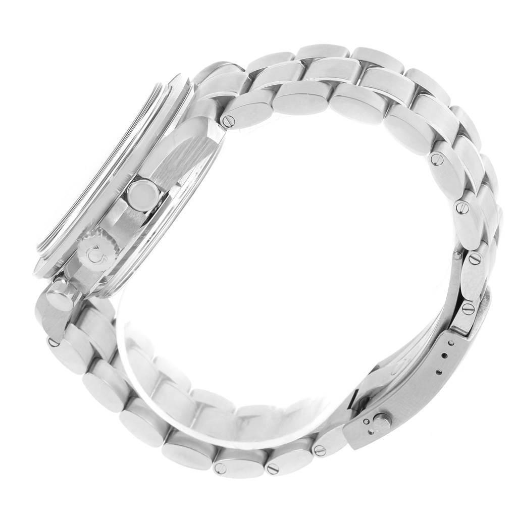 This image shows a side view of the Omega Speedmaster 311.30.44.51.01.002 Men
s Stainless Steel Black Dial 311.30.44.51.01.002 Men
s Stainless Steel Black Dial
s watch case, crown, chronograph buttons, and metal bracelet.