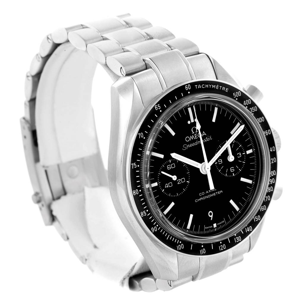 The Omega Speedmaster 311.30.44.51.01.002 Men
s Stainless Steel Black Dial 311.30.44.51.01.002 Men
s Stainless Steel Black Dial watch is shown at a slight left angle highlighting its face, bezel, and metal bracelet.