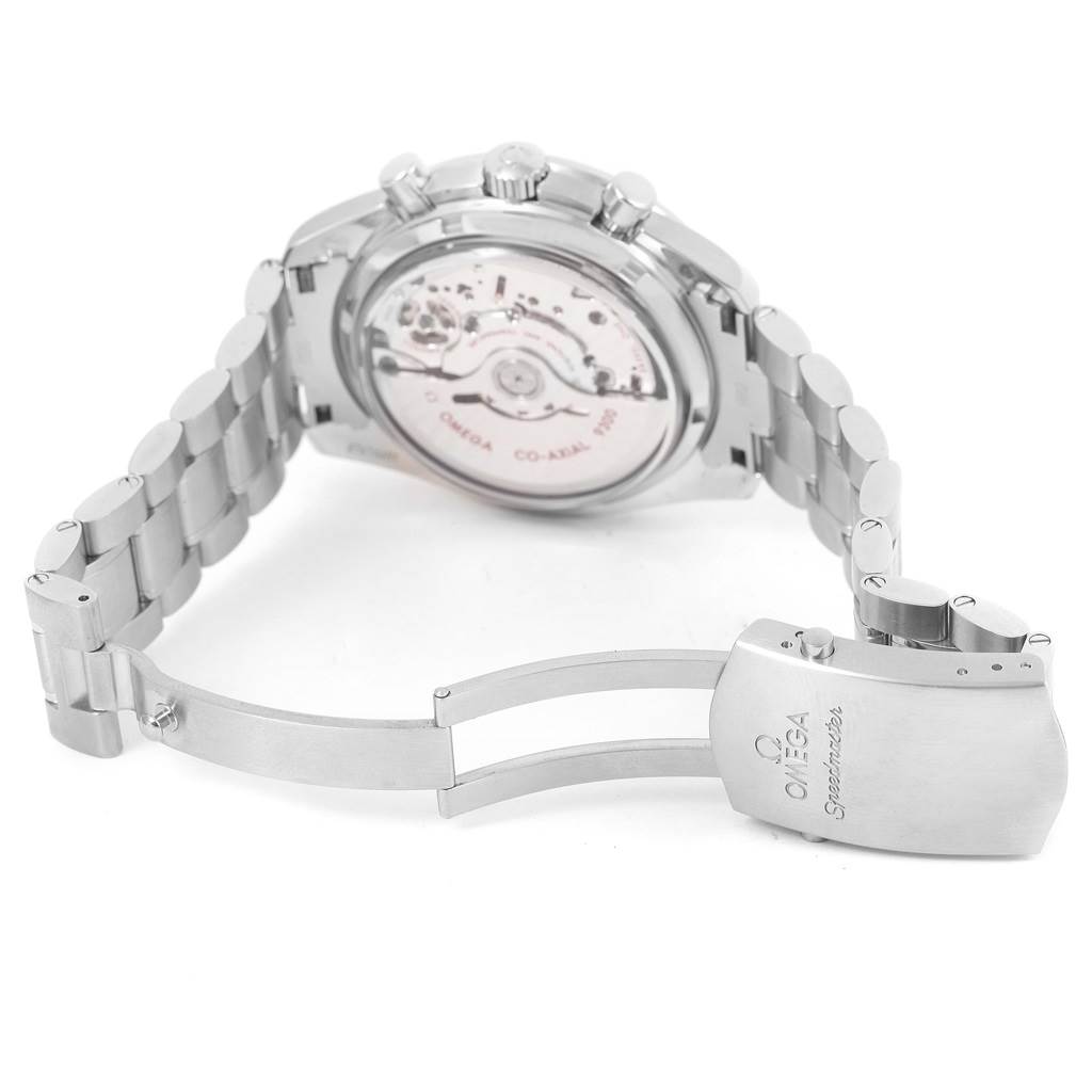 The image shows the back of an Omega Speedmaster 311.30.44.51.01.002 Men
s Stainless Steel Black Dial 311.30.44.51.01.002 Men
s Stainless Steel Black Dial watch, highlighting the open clasp and visible movement.