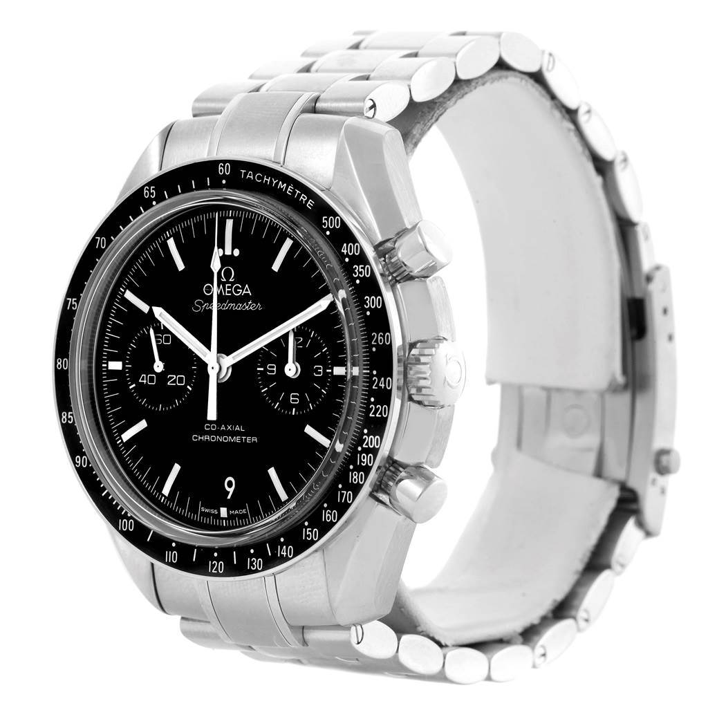 The Omega Speedmaster 311.30.44.51.01.002 Men
s Stainless Steel Black Dial 311.30.44.51.01.002 Men
s Stainless Steel Black Dial watch is shown from a three-quarter angle, displaying the face, dial, and bracelet.