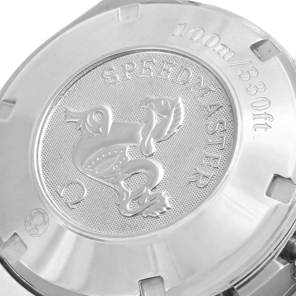 The image shows the engraved case back of an Omega Speedmaster 3210.50.00 Men
s Stainless Steel Black Dial 3210.50.00 Men
s Stainless Steel Black Dial watch, highlighting the brand logo and water resistance details.