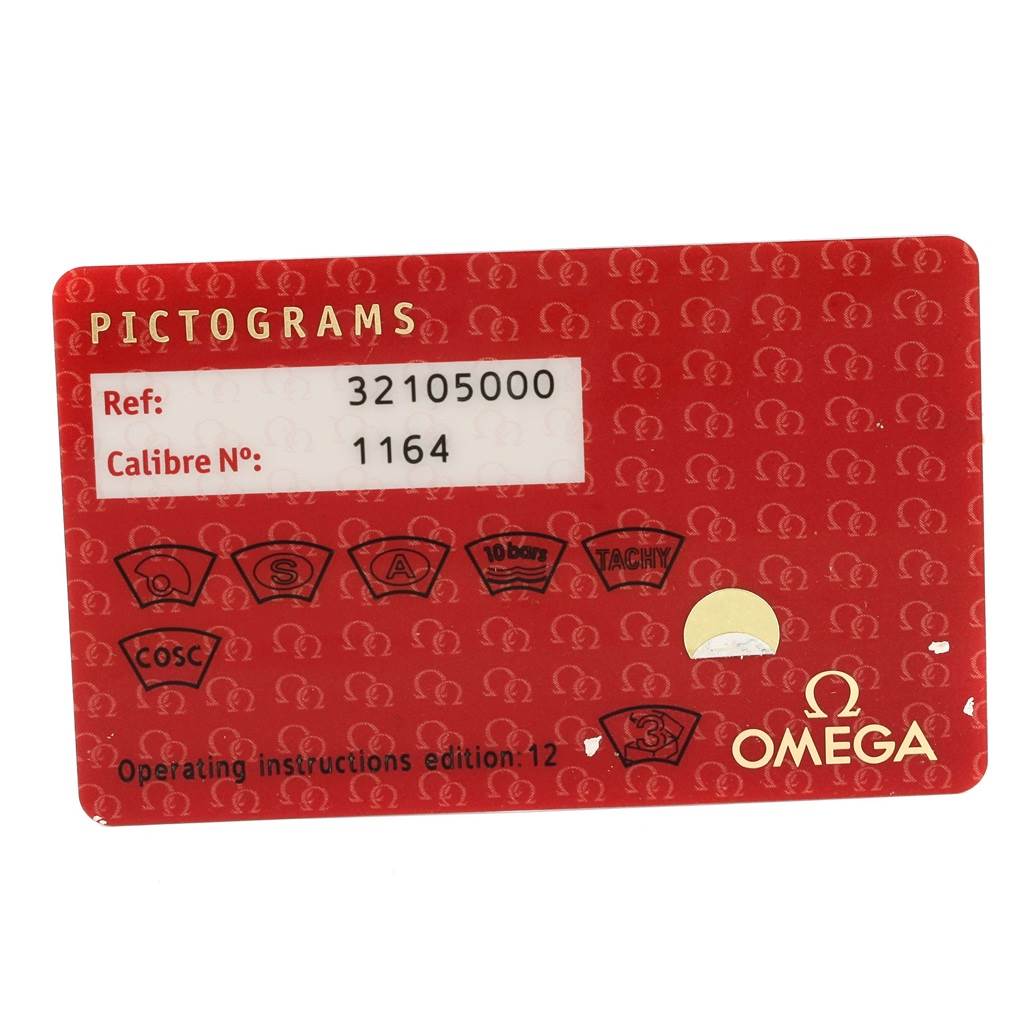 This image shows the pictogram card for an Omega Speedmaster 3210.50.00 Men
s Stainless Steel Black Dial 3210.50.00 Men
s Stainless Steel Black Dial watch, featuring reference number 32105000 and calibre 1164.