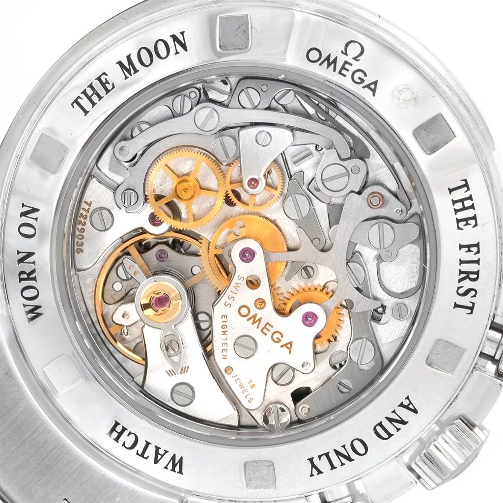 This image shows the intricate mechanical movement of the Omega Speedmaster 3573.50.00 Men
s Stainless Steel Black Dial 3573.50.00 Men
s Stainless Steel Black Dial watch viewed from the case back.