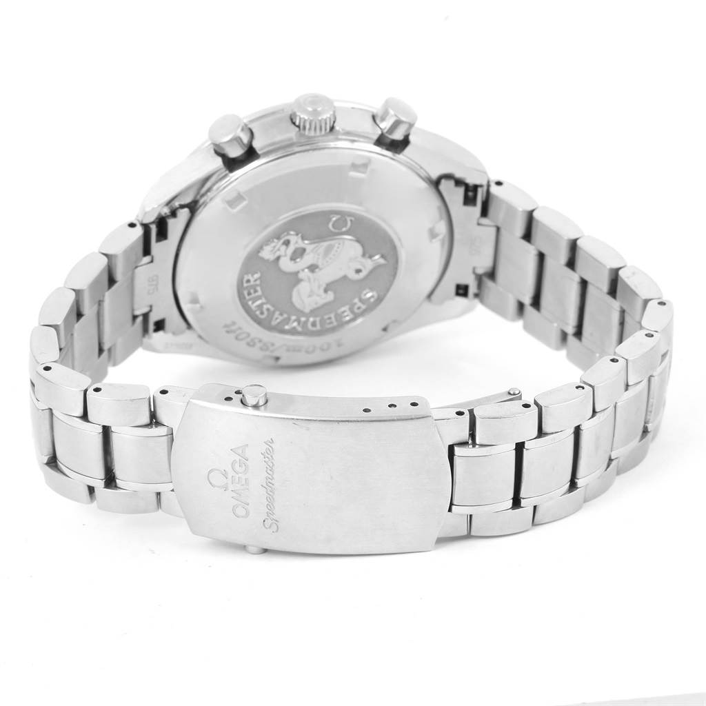 This image shows the Omega Speedmaster 3210.50.00 Men
s Stainless Steel Black Dial 3210.50.00 Men
s Stainless Steel Black Dial watch from a rear angle, highlighting its clasp and case back.