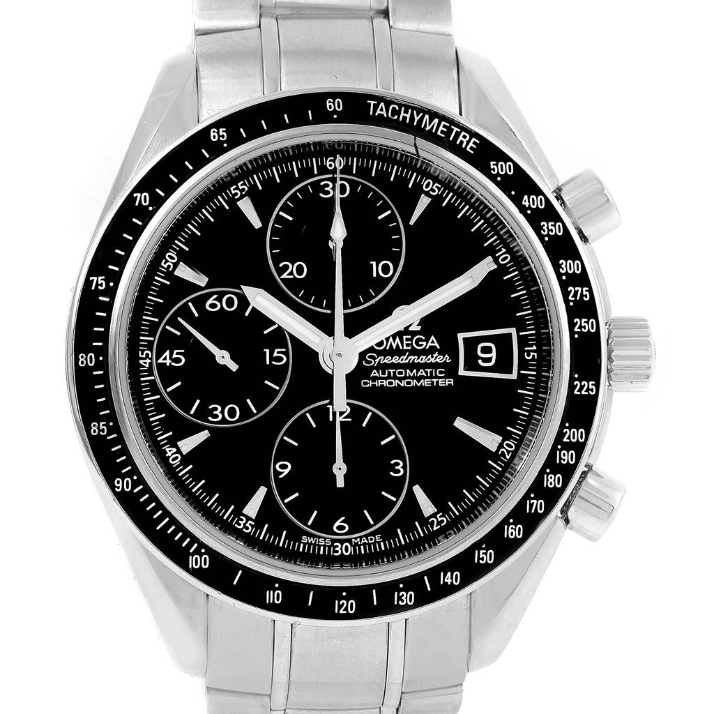This image shows a front view of an Omega Speedmaster 3210.50.00 Men
s Stainless Steel Black Dial 3210.50.00 Men
s Stainless Steel Black Dial watch, highlighting the dial, subdials, tachymetre bezel, and date window.