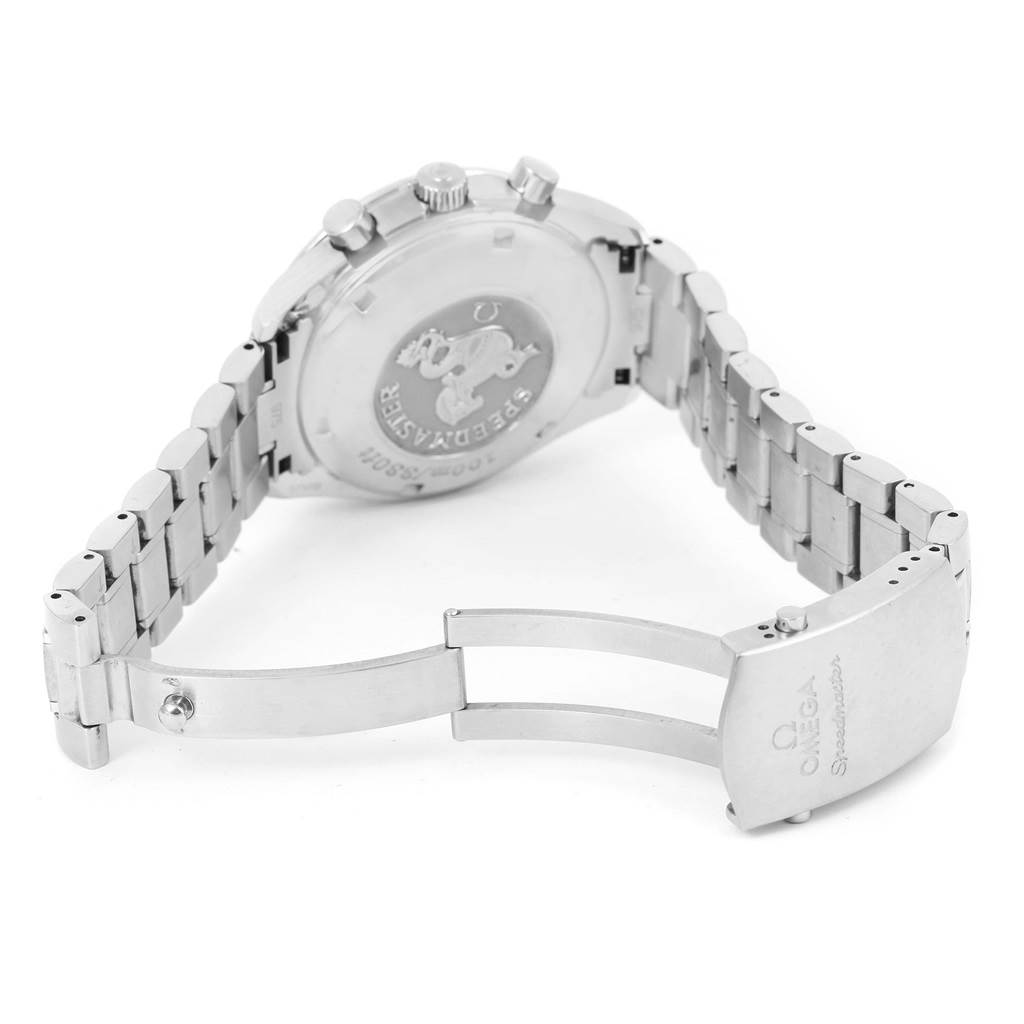 The image shows the back case, crown, pushers, and open clasp of the Omega Speedmaster 3210.50.00 Men
s Stainless Steel Black Dial 3210.50.00 Men
s Stainless Steel Black Dial watch.