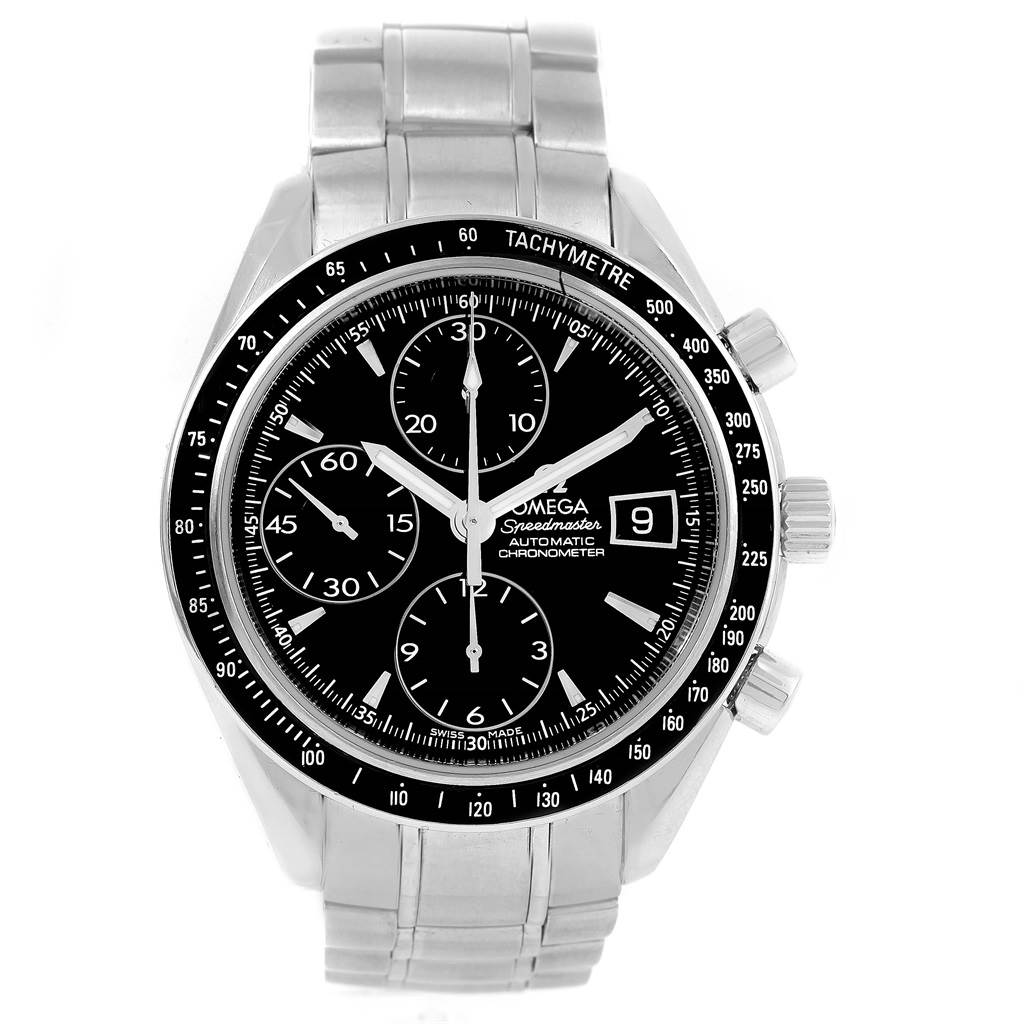 The Omega Speedmaster 3210.50.00 Men
s Stainless Steel Black Dial 3210.50.00 Men
s Stainless Steel Black Dial watch is shown from a front view, displaying its black dial, tachymeter bezel, chronograph subdials, and metal bracelet.