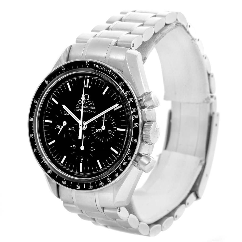The Omega Speedmaster 3560.50.00 Men
s Stainless Steel Black Dial 3560.50.00 Men
s Stainless Steel Black Dial watch is shown at a slight angle, displaying its full face, bezel, and stainless steel bracelet.