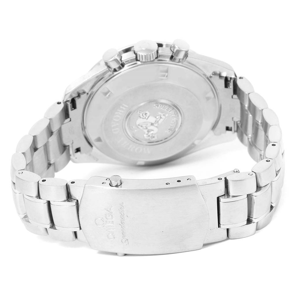 The image displays the back and clasp of the Omega Speedmaster 3551.50.00 Men
s Stainless Steel Black Dial 3551.50.00 Men
s Stainless Steel Black Dial watch from a rear angle.