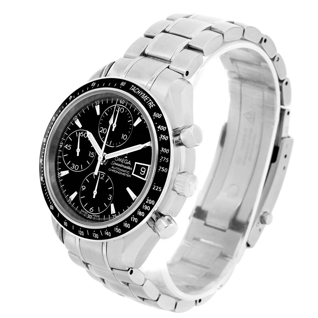 The image shows a side-angle view of an Omega Speedmaster 3210.50.00 Men
s Stainless Steel Black Dial 3210.50.00 Men
s Stainless Steel Black Dial watch, displaying its bracelet, bezel, and tachymeter scale.