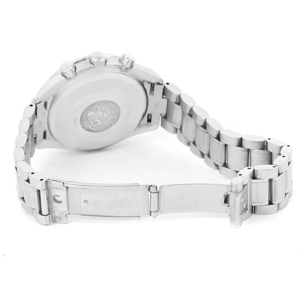 This image shows the back case and metal bracelet of an Omega Speedmaster 3513.50.00 Men's Stainless Steel Black Dial 3513.50.00 Men's Stainless Steel Black Dial watch from a rear angle.