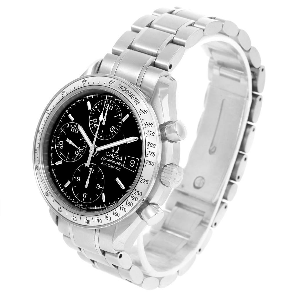 The image shows an Omega Speedmaster 3513.50.00 Men's Stainless Steel Black Dial 3513.50.00 Men's Stainless Steel Black Dial watch at a three-quarter angle, featuring the face, bezel, crown, and stainless steel bracelet.